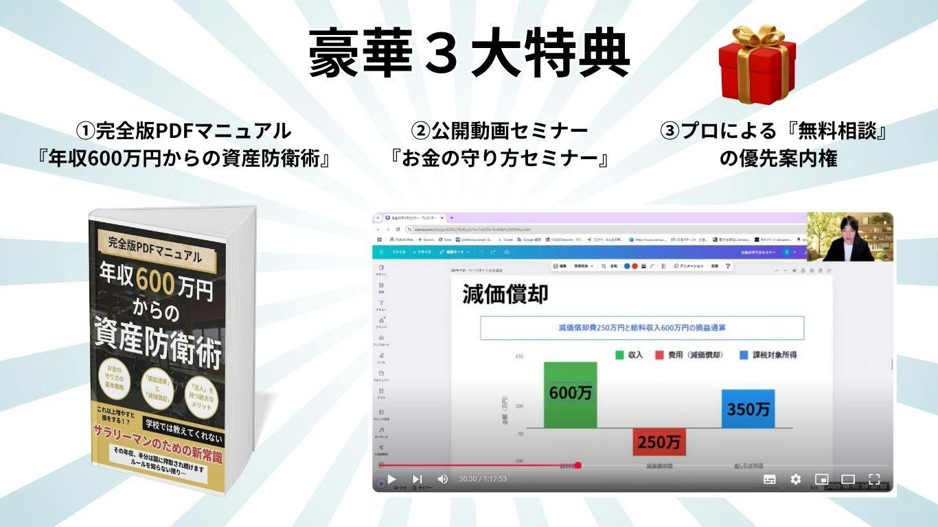 豪華3大特典。①完全版PDFマニュアル『年収600万円からの資産防衛術』②公開動画セミナー『お金の守り方セミナー』③プロによる無料相談の優先案内権